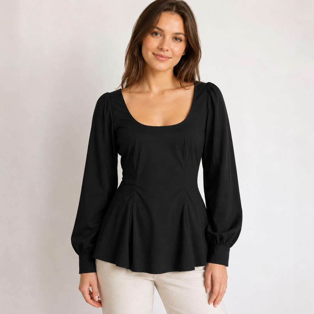 Pomander Place Diane Top Small Black Poplin Long Puff Sleeves Peplum Tuckernuck